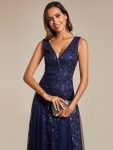 V-Neck Leaf Sequin Sleeveless A-Line Formal Evening Dress with Tulle – Navy Blue