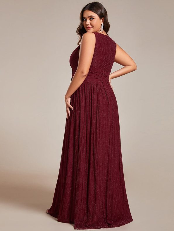 Glittery Sleeveless Pleated Empire Waist A-Line Formal Evening Dress - Burgundy