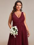 Glittery Sleeveless  Pleated Empire Waist A-Line Formal Evening Dress – Burgundy