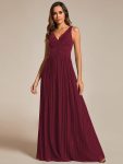 Glittery Sleeveless  Pleated Empire Waist A-Line Formal Evening Dress – Burgundy