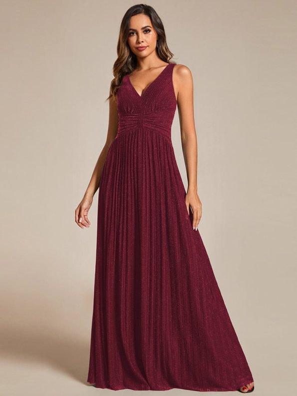 Glittery Sleeveless Pleated Empire Waist A-Line Formal Evening Dress - Burgundy