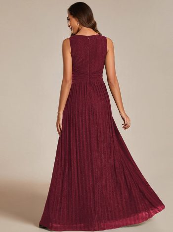 Glittery Sleeveless Pleated Empire Waist A-Line Formal Evening Dress - Burgundy