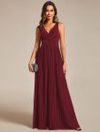 Glittery Sleeveless  Pleated Empire Waist A-Line Formal Evening Dress – Burgundy