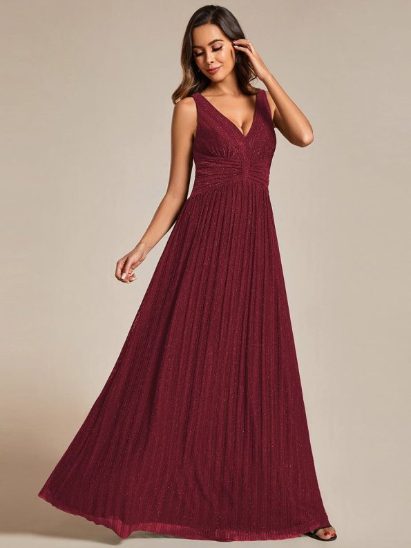 Glittery Sleeveless Pleated Empire Waist A-Line Formal Evening Dress - Burgundy