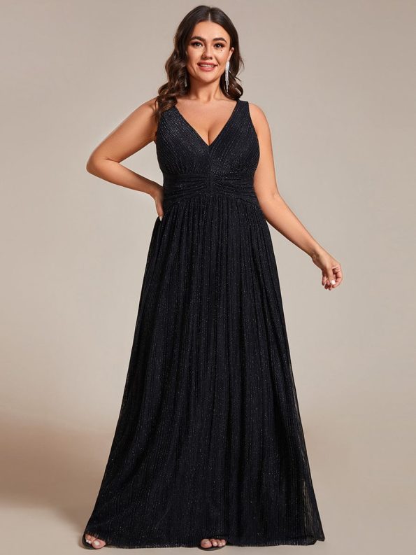 Glittery Sleeveless Pleated Empire Waist A-Line Formal Evening Dress - Black