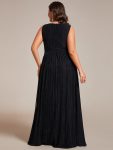 Glittery Sleeveless  Pleated Empire Waist A-Line Formal Evening Dress – Black