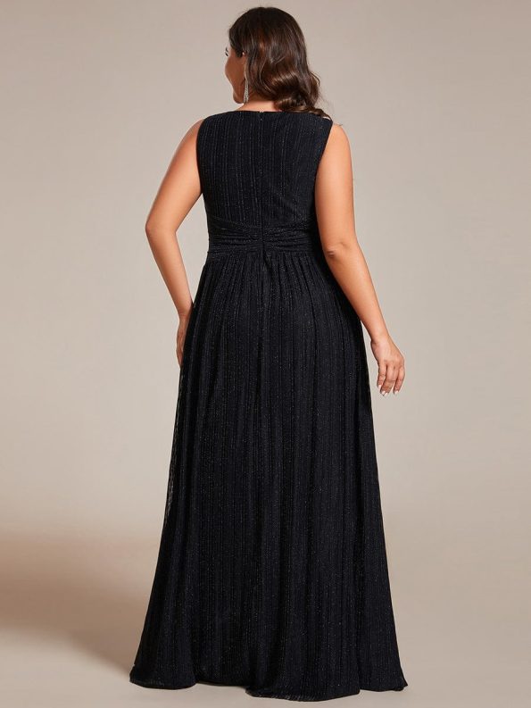 Glittery Sleeveless Pleated Empire Waist A-Line Formal Evening Dress - Black