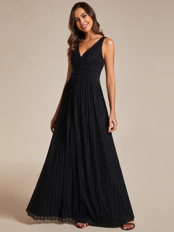 Glittery Sleeveless Pleated Empire Waist A-Line Formal Evening Dress - Black