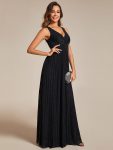 Glittery Sleeveless  Pleated Empire Waist A-Line Formal Evening Dress – Black