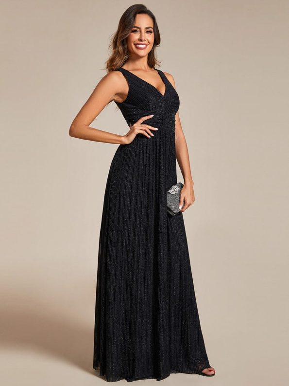 Glittery Sleeveless Pleated Empire Waist A-Line Formal Evening Dress - Black