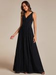 Glittery Sleeveless  Pleated Empire Waist A-Line Formal Evening Dress – Black