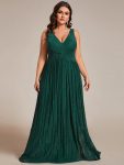 Glittery Sleeveless  Pleated Empire Waist A-Line Formal Evening Dress – Dark Green