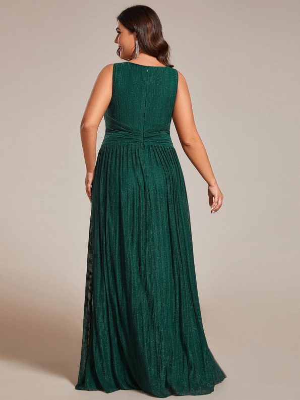 Glittery Sleeveless Pleated Empire Waist A-Line Formal Evening Dress - Dark Green