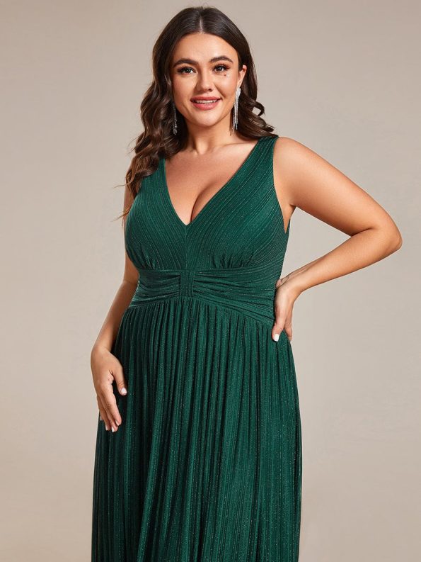 Glittery Sleeveless Pleated Empire Waist A-Line Formal Evening Dress - Dark Green