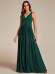 Glittery Sleeveless  Pleated Empire Waist A-Line Formal Evening Dress – Dark Green