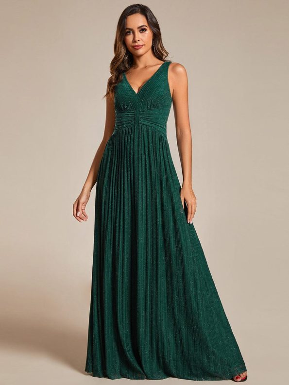 Glittery Sleeveless Pleated Empire Waist A-Line Formal Evening Dress - Dark Green