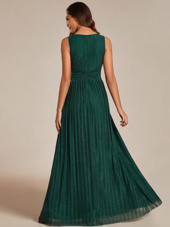 Glittery Sleeveless Pleated Empire Waist A-Line Formal Evening Dress - Dark Green