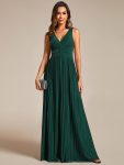 Glittery Sleeveless  Pleated Empire Waist A-Line Formal Evening Dress – Dark Green