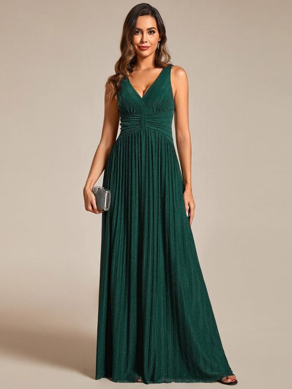 Glittery Sleeveless Pleated Empire Waist A-Line Formal Evening Dress - Dark Green