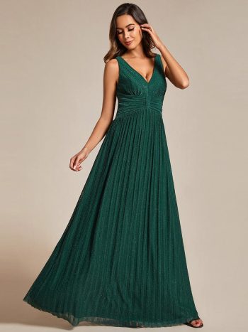 Glittery Sleeveless Pleated Empire Waist A-Line Formal Evening Dress - Dark Green
