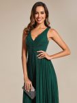 Glittery Sleeveless  Pleated Empire Waist A-Line Formal Evening Dress – Dark Green