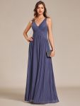 Glittery Sleeveless  Pleated Empire Waist A-Line Formal Evening Dress – Dusty Navy