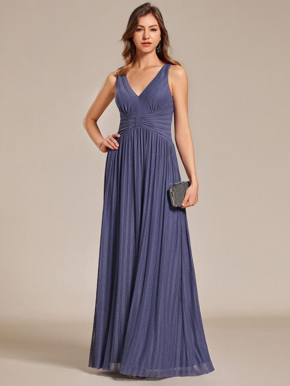 Glittery Sleeveless Pleated Empire Waist A-Line Formal Evening Dress - Dusty Navy