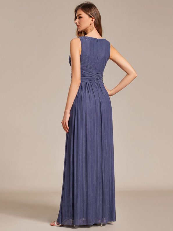 Glittery Sleeveless Pleated Empire Waist A-Line Formal Evening Dress - Dusty Navy