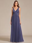 Glittery Sleeveless  Pleated Empire Waist A-Line Formal Evening Dress – Dusty Navy