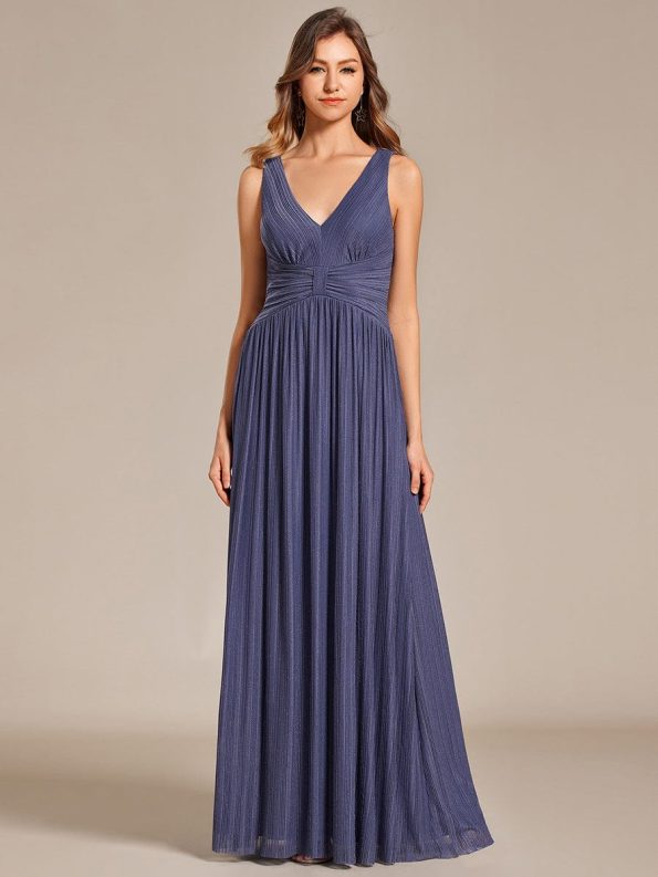 Glittery Sleeveless Pleated Empire Waist A-Line Formal Evening Dress - Dusty Navy