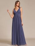 Glittery Sleeveless  Pleated Empire Waist A-Line Formal Evening Dress – Dusty Navy