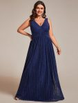 Glittery Sleeveless  Pleated Empire Waist A-Line Formal Evening Dress – Navy Blue