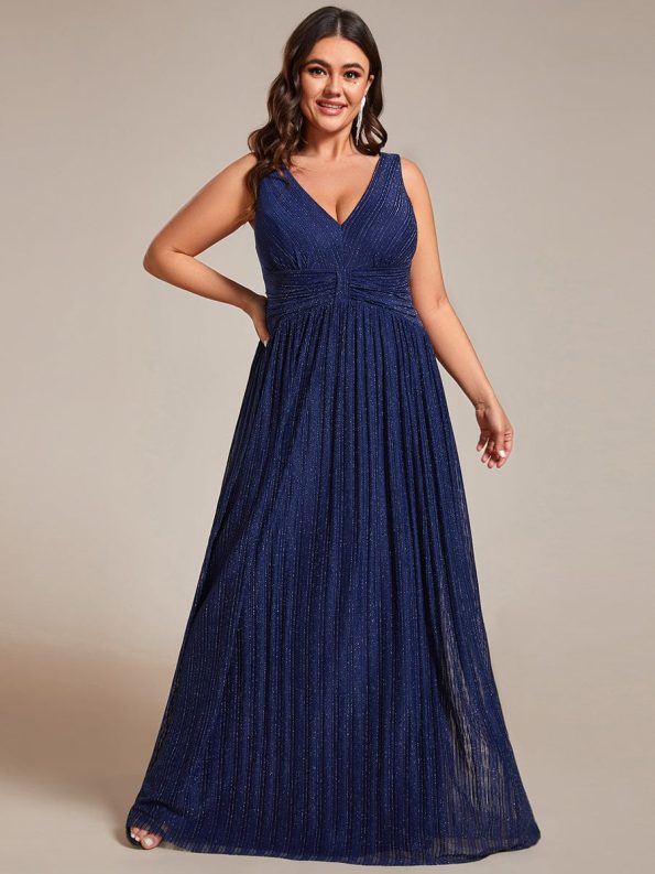 Glittery Sleeveless Pleated Empire Waist A-Line Formal Evening Dress - Navy Blue