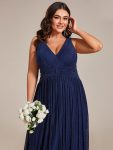 Glittery Sleeveless  Pleated Empire Waist A-Line Formal Evening Dress – Navy Blue