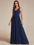 Glittery Sleeveless  Pleated Empire Waist A-Line Formal Evening Dress – Navy Blue