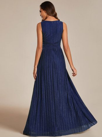 Glittery Sleeveless Pleated Empire Waist A-Line Formal Evening Dress - Navy Blue