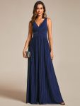 Glittery Sleeveless  Pleated Empire Waist A-Line Formal Evening Dress – Navy Blue