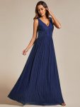 Glittery Sleeveless  Pleated Empire Waist A-Line Formal Evening Dress – Navy Blue