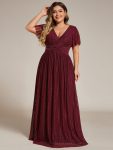 V-Neck Glittery Short Sleeves Formal Evening Dress with Empire Waist – Burgundy