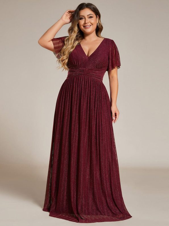 V-Neck Glittery Short Sleeves Formal Evening Dress with Empire Waist - Burgundy