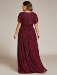 V-Neck Glittery Short Sleeves Formal Evening Dress with Empire Waist – Burgundy