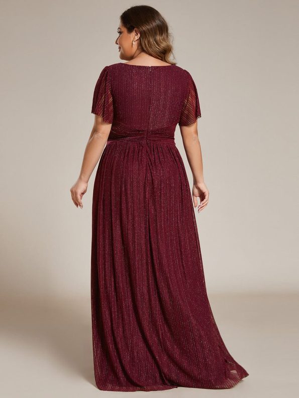 V-Neck Glittery Short Sleeves Formal Evening Dress with Empire Waist - Burgundy