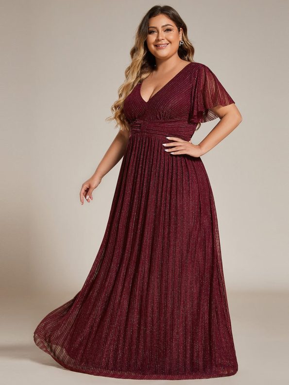 Plus Size V-Neck Glittery Short Sleeves Formal Evening Dress with Empire Waist - Burgundy