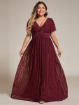 Plus Size V-Neck Glittery Short Sleeves Formal Evening Dress with Empire Waist – Burgundy