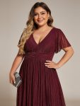 V-Neck Glittery Short Sleeves Formal Evening Dress with Empire Waist – Burgundy