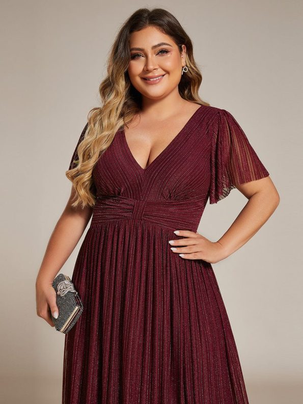 V-Neck Glittery Short Sleeves Formal Evening Dress with Empire Waist - Burgundy