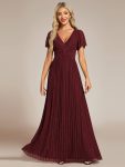 V-Neck Glittery Short Sleeves Formal Evening Dress with Empire Waist – Burgundy