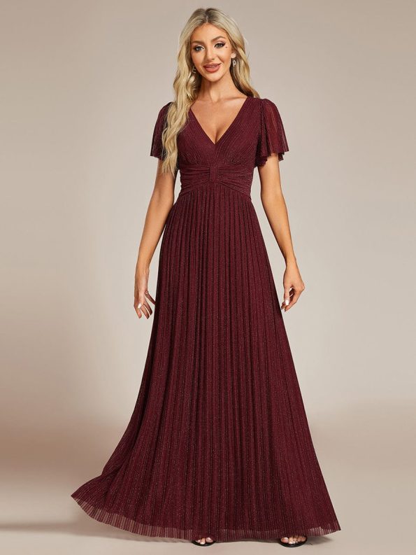 V-Neck Glittery Short Sleeves Formal Evening Dress with Empire Waist - Burgundy