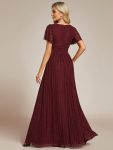 V-Neck Glittery Short Sleeves Formal Evening Dress with Empire Waist – Burgundy