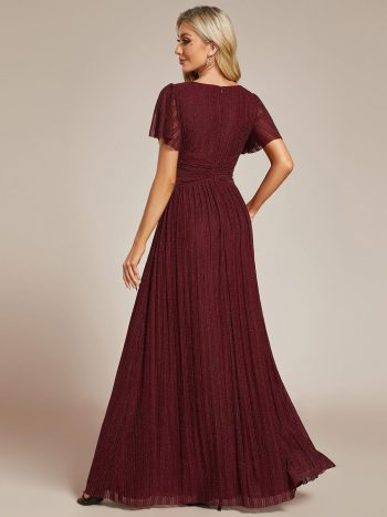 V-Neck Glittery Short Sleeves Formal Evening Dress with Empire Waist - Burgundy